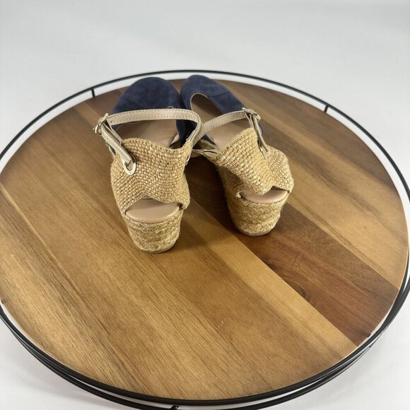 Navy Blue & Beige Juncal Aguirre Espadrille Wedge Sandals With Adjustable Ankle - Picture 2 of 9